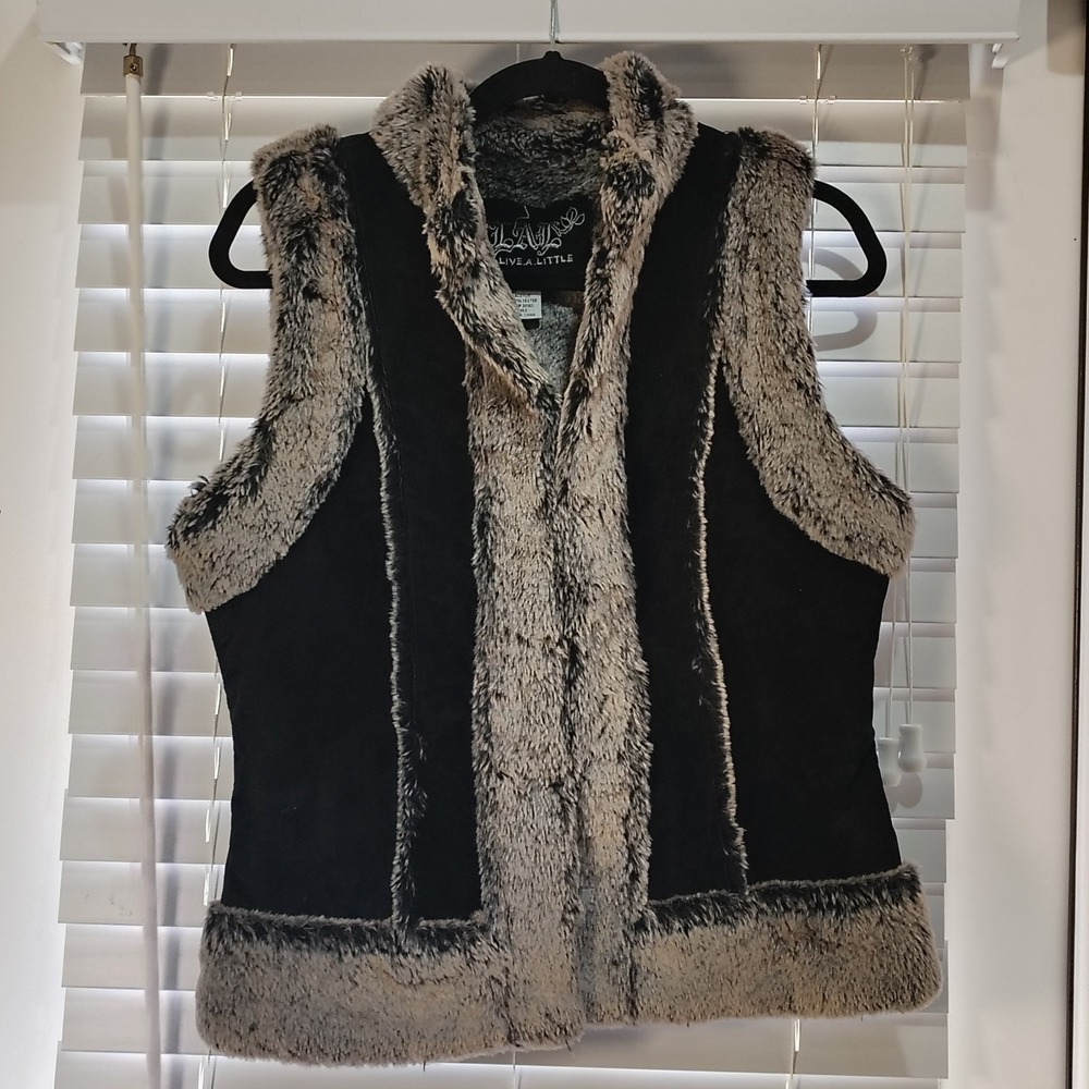 Vintage Live A Little Leather Faux Fur Vest Women M 90s Western Ranch Rodeo Sued